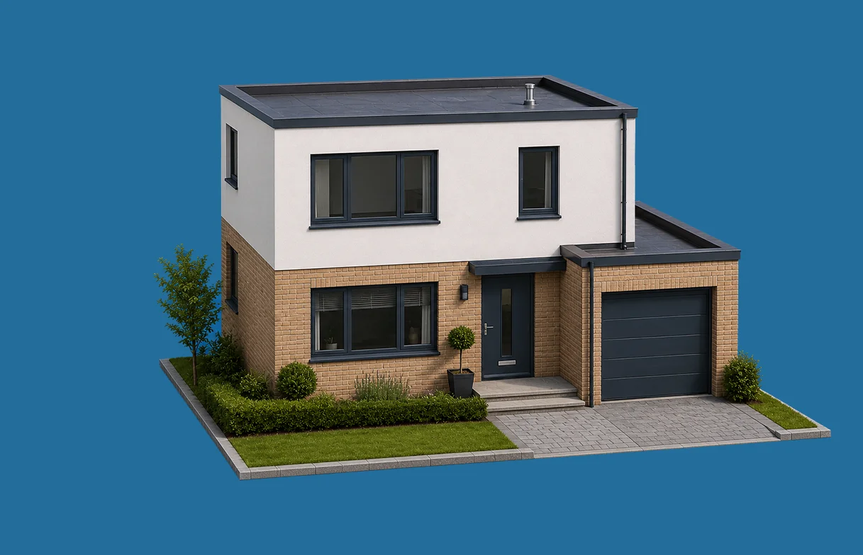 Illustration of a modern detached house with a flat roof representing specialist flat roof home insurance for non-standard UK properties.