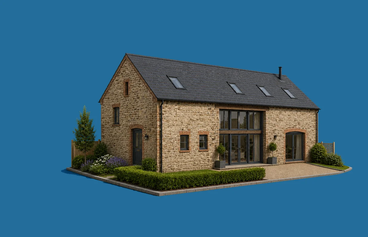 Illustration of a modern stone barn conversion representing specialist barn conversion insurance for rural and non-standard UK properties.