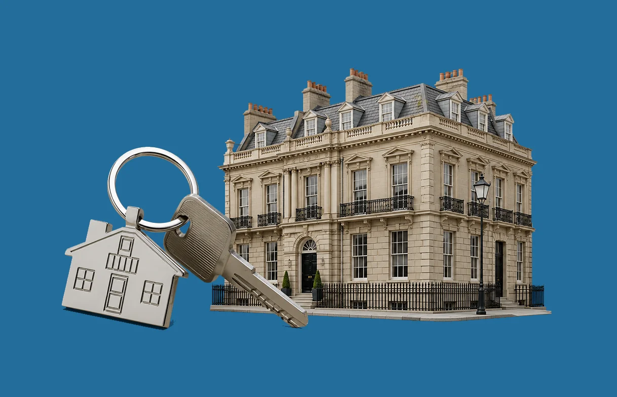 Illustration of a London listed building with house keys representing specialist listed buildings insurance for heritage and Grade II properties in the UK.