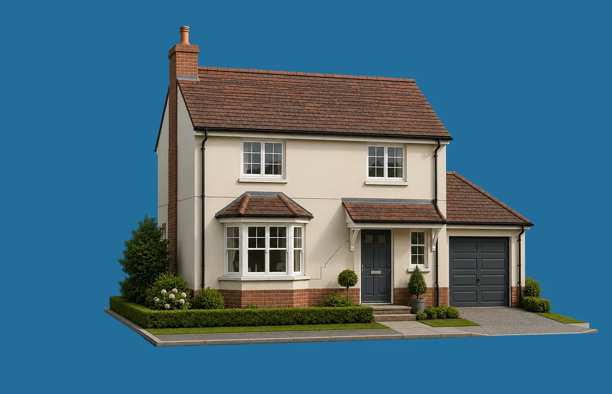 Illustration of a detached house with subtle structural cracking representing specialist subsidence home insurance for UK properties affected by ground movement.